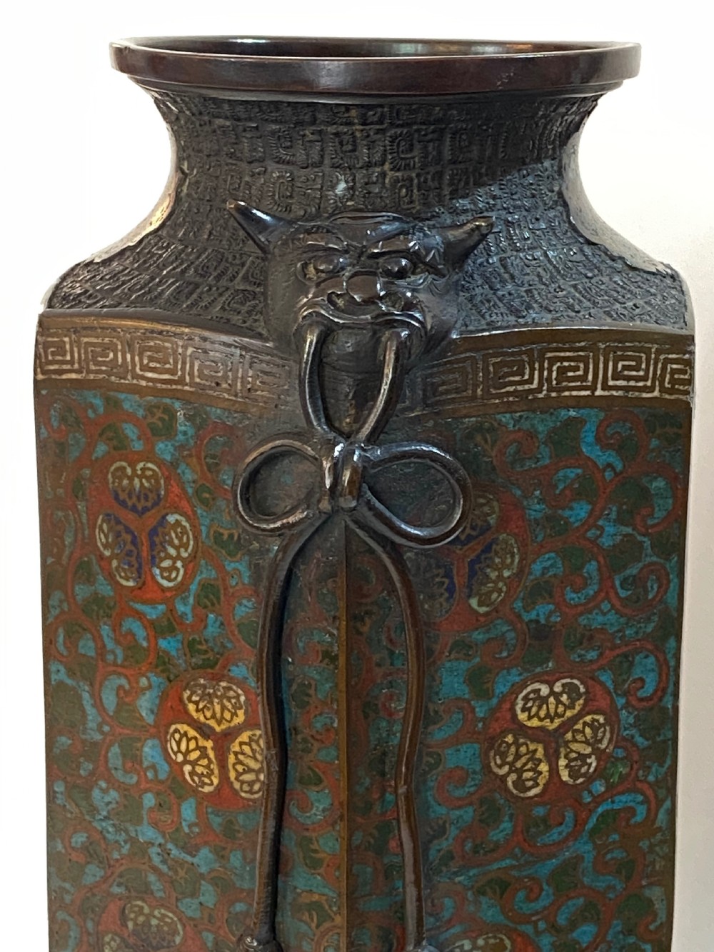 Japanese Bronze and Champlevé Hexagonal Vase, ca 1900 View IV