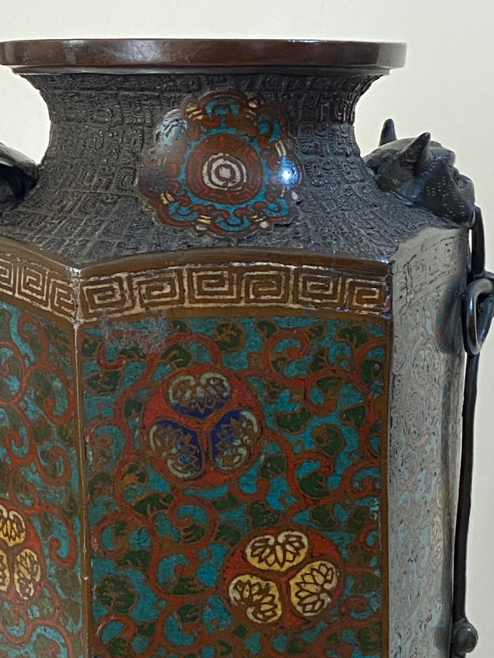 Japanese Bronze and Champlevé Hexagonal Vase, ca 1900 View VI