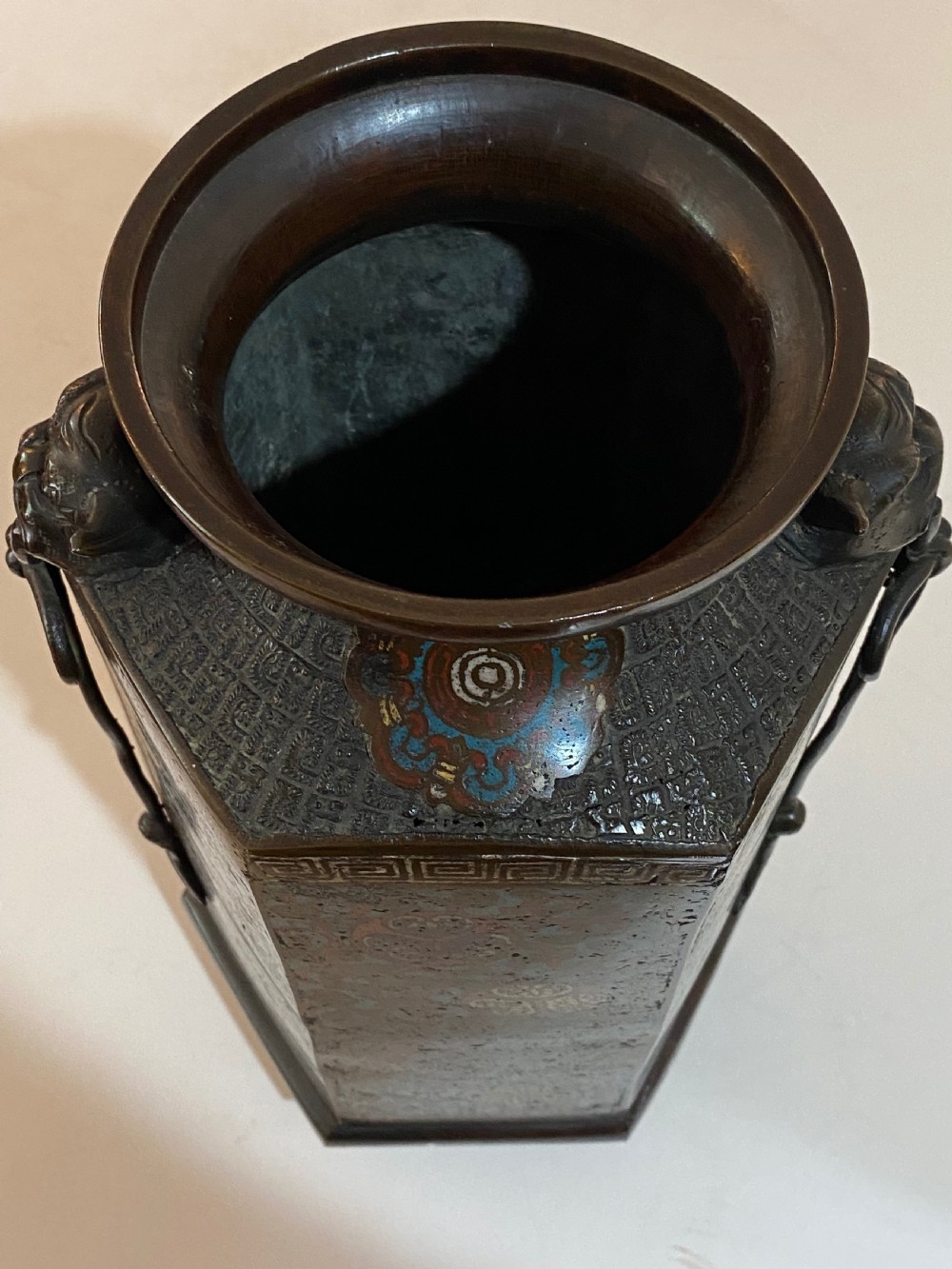 Japanese Bronze and Champlevé Hexagonal Vase, ca 1900 View VII
