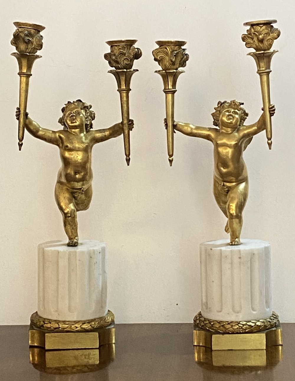 Pair of French Gilt Bronze and Marble Candelabra, ca 1850.