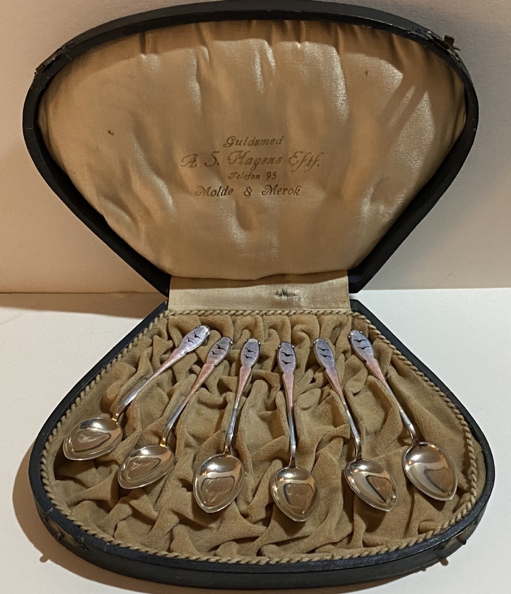 Cased Set of Norwegian Silver and Enamel Coffee Spoons, decorated with Reindeer.  View III