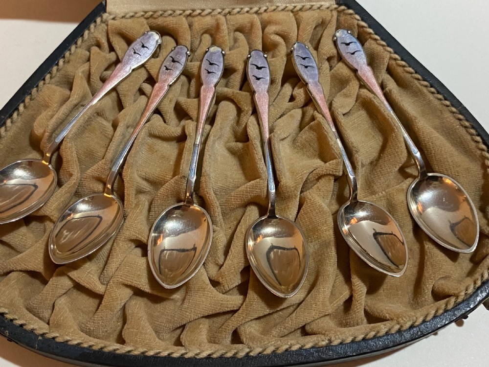 Cased Set of Norwegian Silver and Enamel Coffee Spoons, decorated with Reindeer.  View V