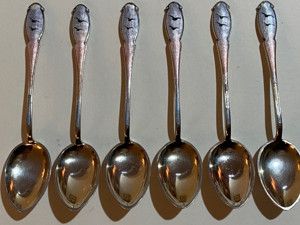 Cased Set of Norwegian Silver and Enamel Coffee Spoons, decorated with Reindeer.  View VI