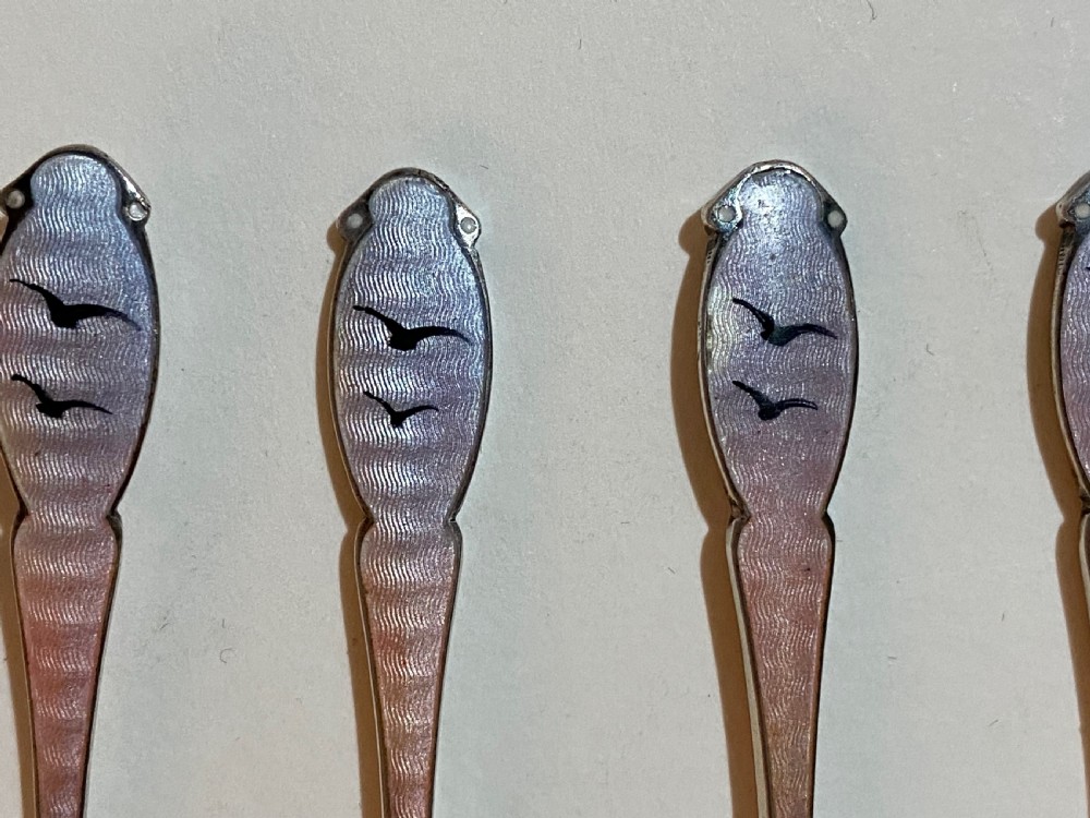 Cased Set of Norwegian Silver and Enamel Coffee Spoons, decorated with Reindeer.  View XV