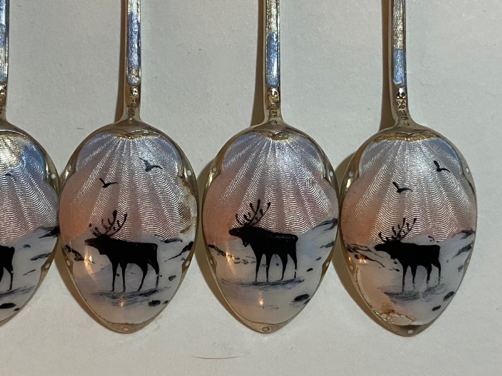 Cased Set of Norwegian Silver and Enamel Coffee Spoons, decorated with Reindeer.  View XVI