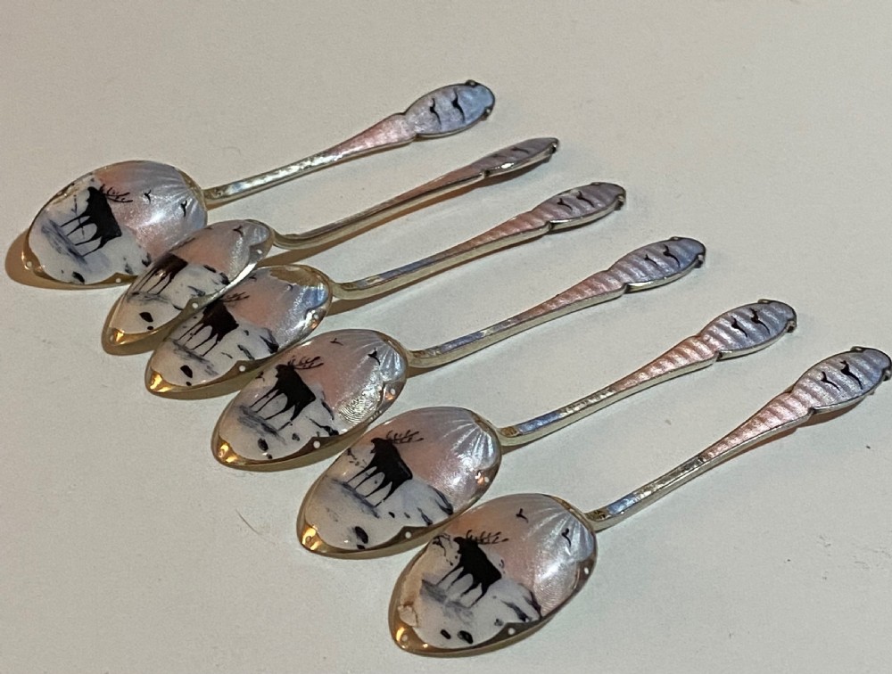 Cased Set of Norwegian Silver and Enamel Coffee Spoons, decorated with Reindeer.  View XVII