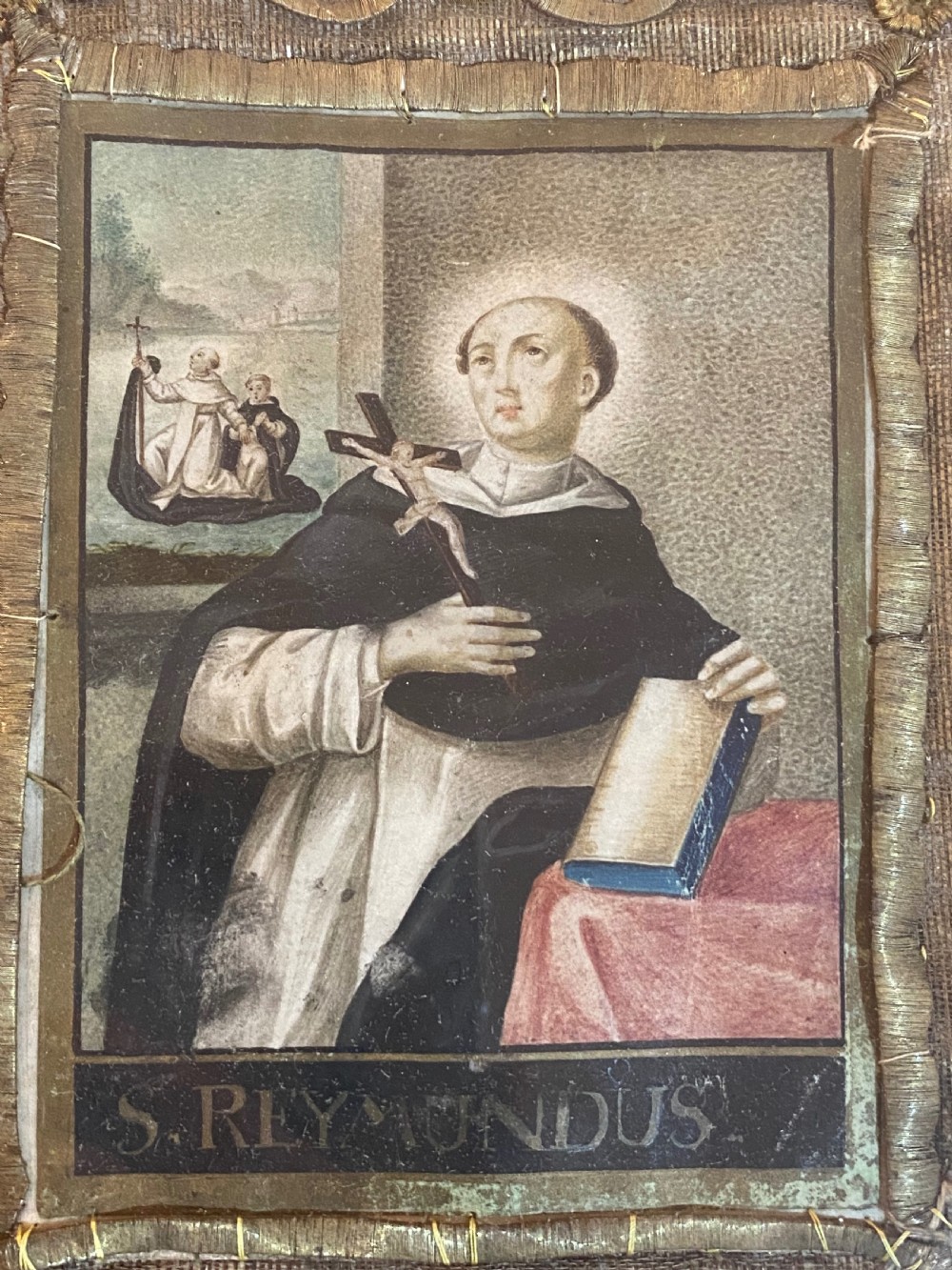 18th Century Stumpwork Art. Religious Artefact depicting Saint Raymond Nonnatus. View II
