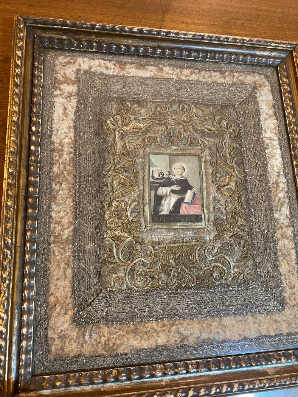 18th Century Stumpwork Art. Religious Artefact depicting Saint Raymond Nonnatus. View VI