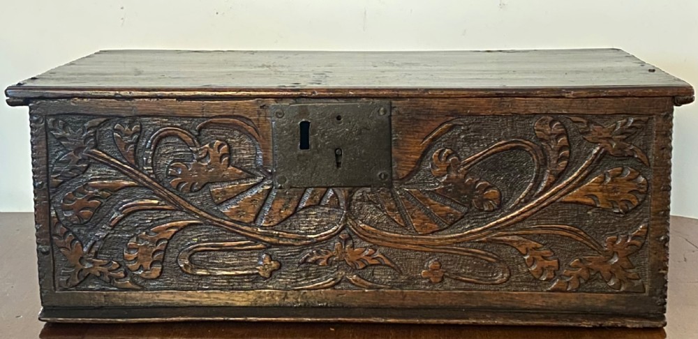 17th Century Carved Oak Bible Box View II