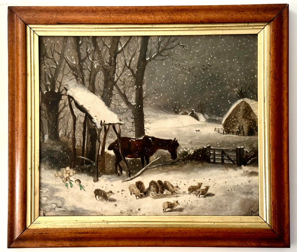 Oil on Board of Winter Farm Scene. Signed. 19th Century 
