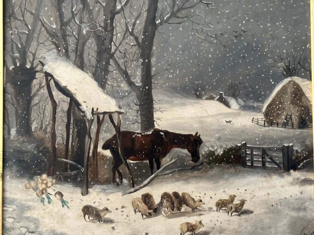 Oil on Board of Winter Farm Scene. Signed. 19th Century  View II