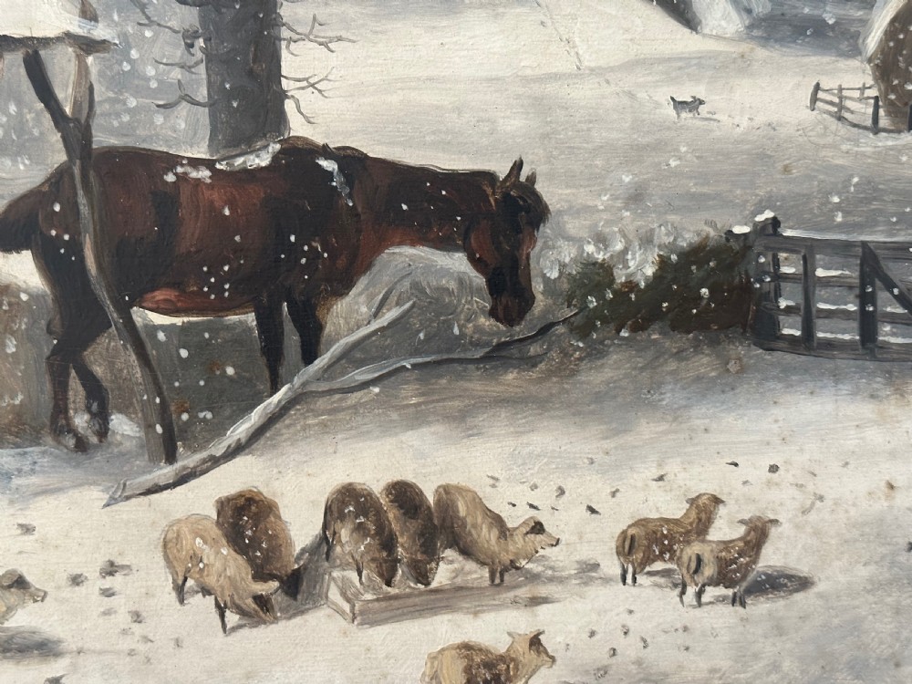 Oil on Board of Winter Farm Scene. Signed. 19th Century  View III
