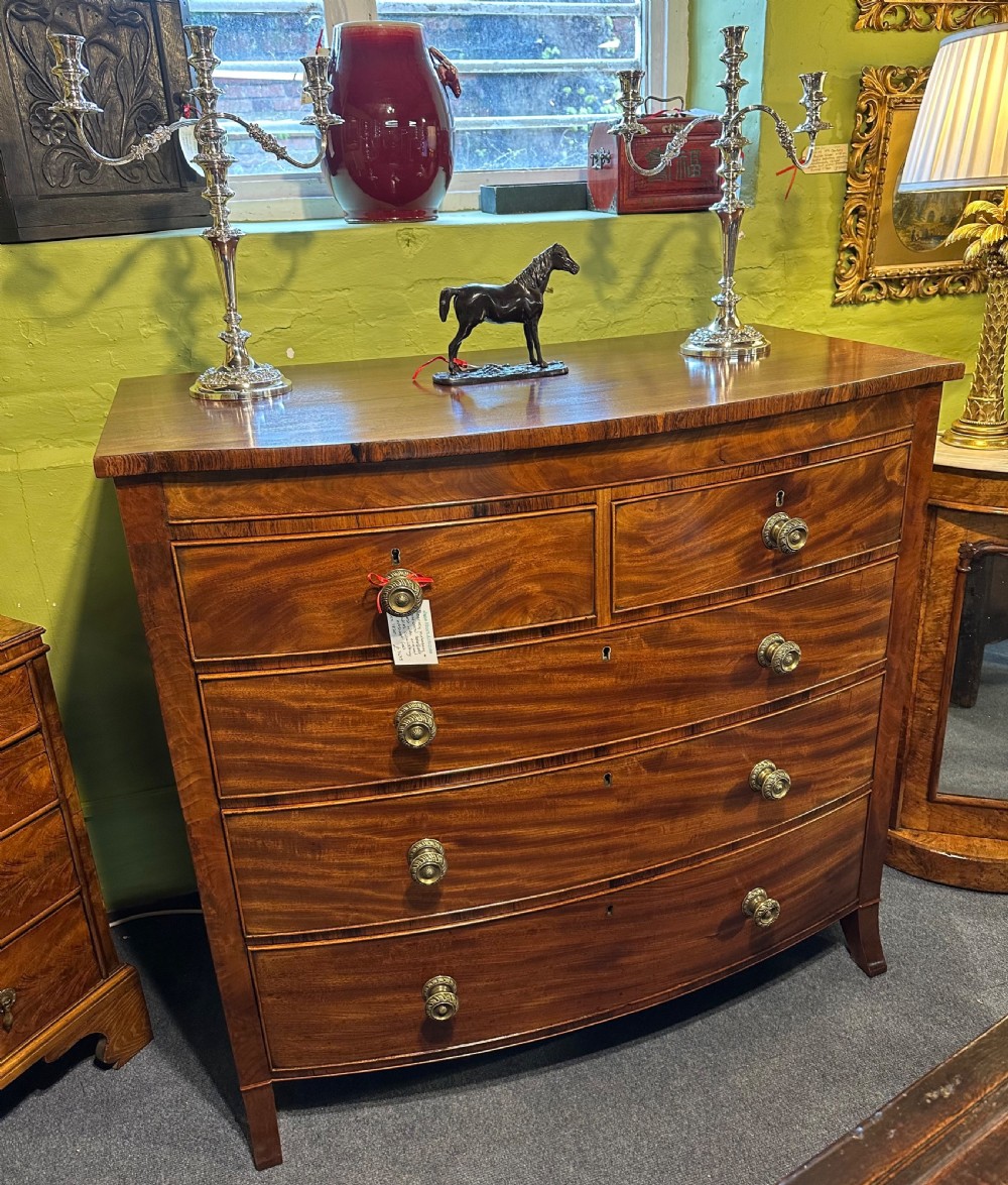 A large Regency mahogany bowfront chest featuring two short over three long graduated drawers with decorative brass turned handles on splayed feet. View II