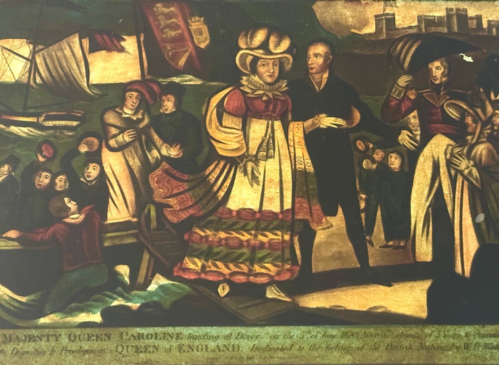 A framed Regency reverse glass print depicting Queen Caroline arriving at Dover in 1820 surrounded by figures in period attire. View II