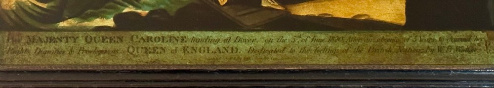 A framed Regency reverse glass print depicting Queen Caroline arriving at Dover in 1820 surrounded by figures in period attire. View III