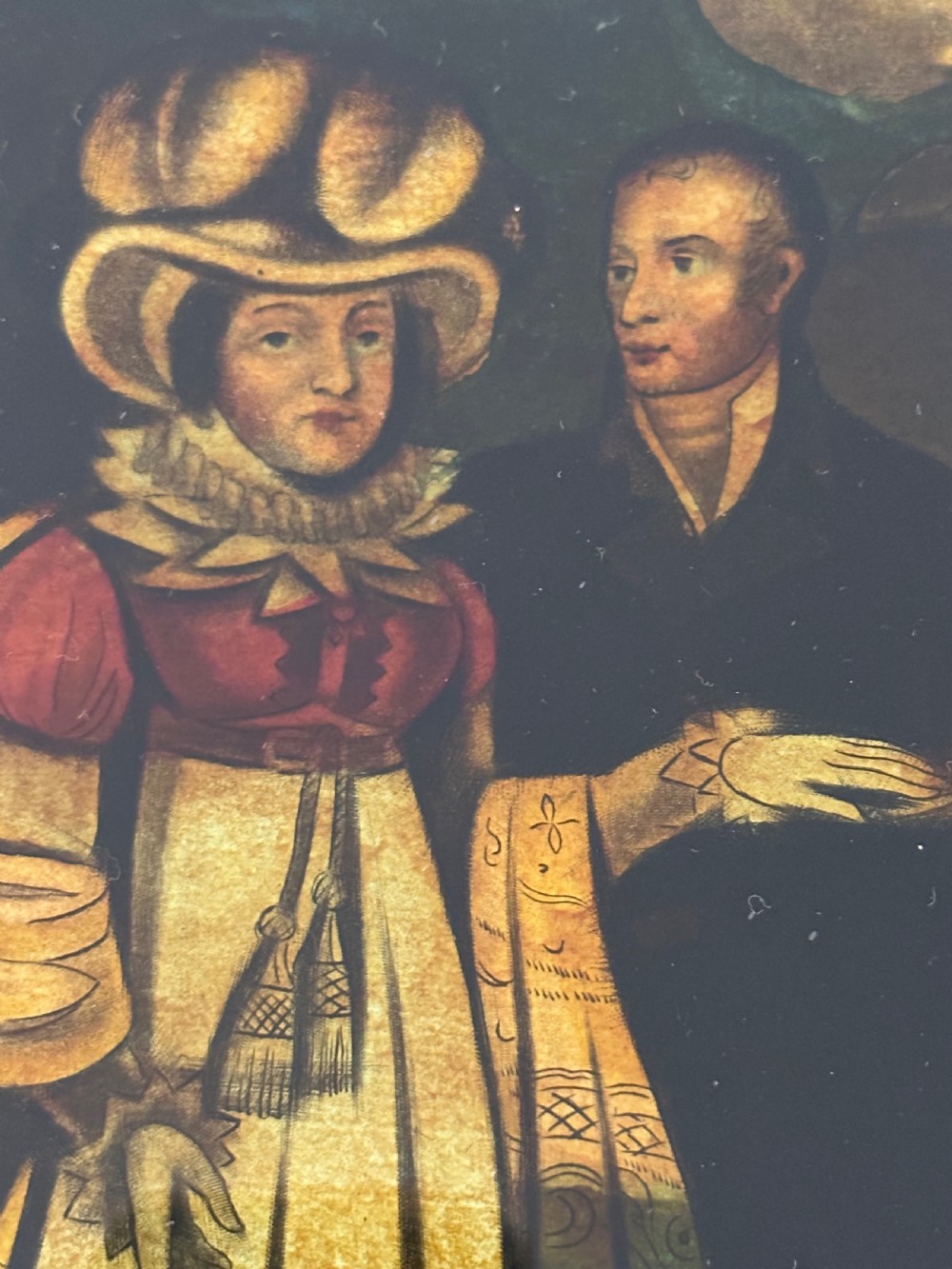 A framed Regency reverse glass print depicting Queen Caroline arriving at Dover in 1820 surrounded by figures in period attire. View IV