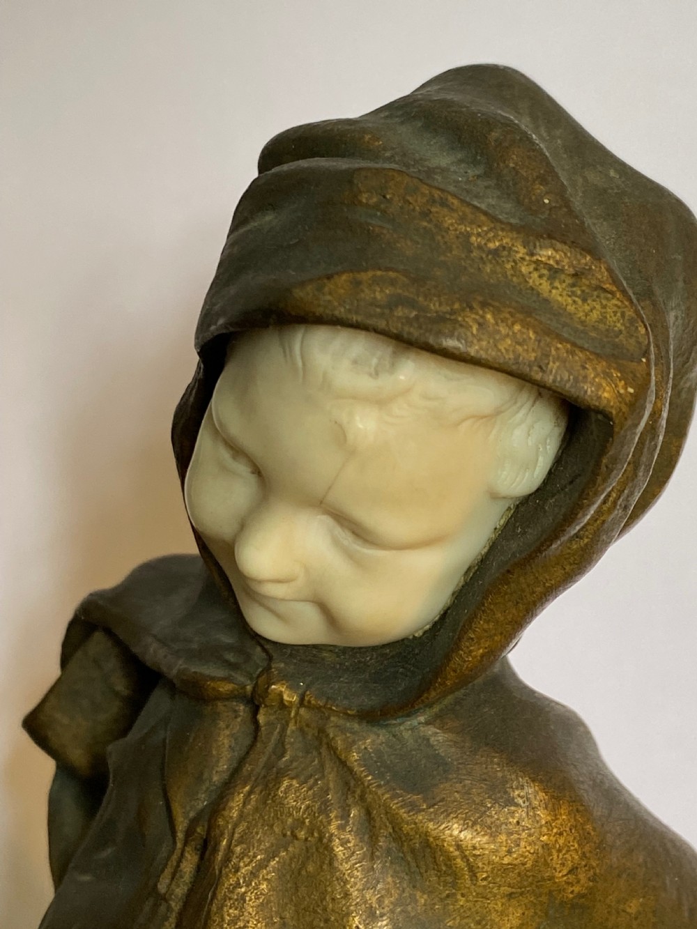 Gilt and Ivory Bronze statue by Gori of a Boy in a Cloak View II