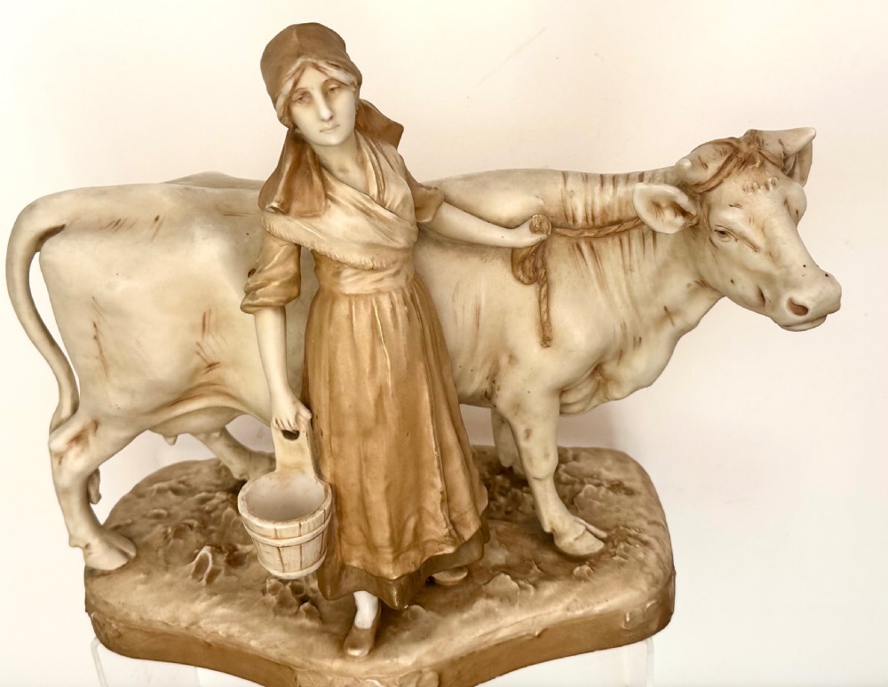 Royal Dux Cow with the Milkmaid View II