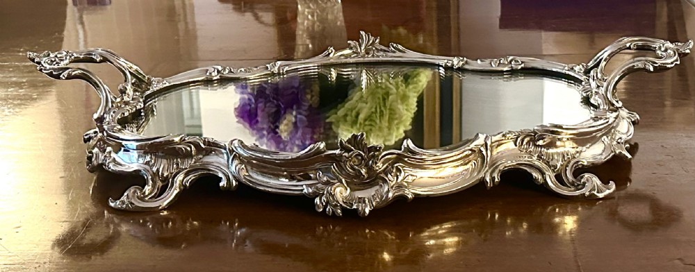 Ornate Silver Plated Tray with Mirror. View V