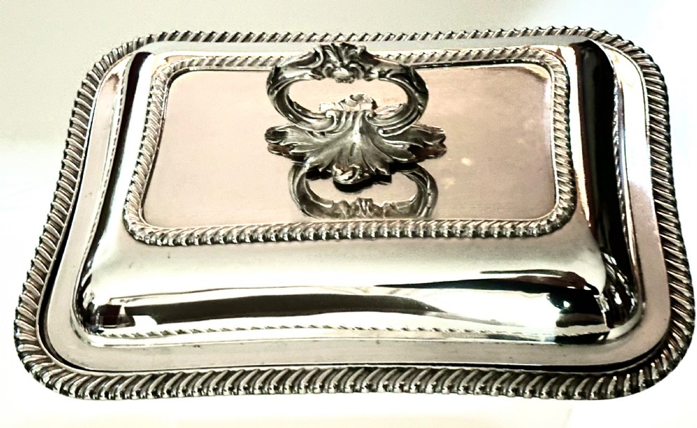 A rectangular silver-plated covered serving dish featuring gadrooned rope borders and a decorative foliage-detailed handle on top. View III