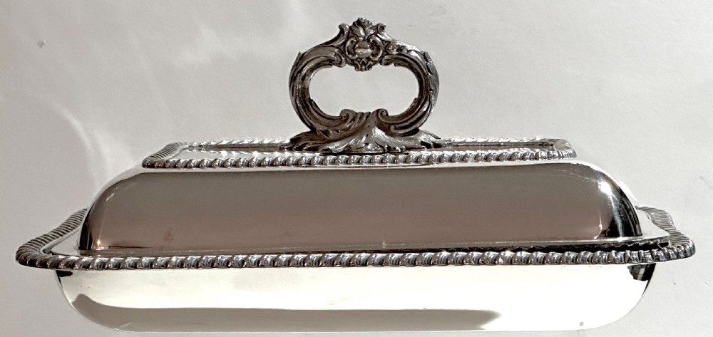 A rectangular silver-plated covered serving dish featuring gadrooned rope borders and a decorative foliage-detailed handle on top. View IV