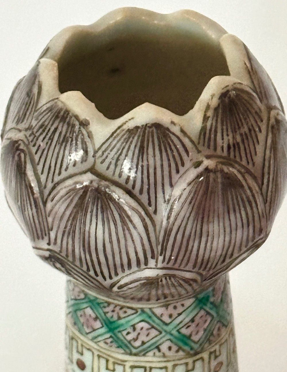 A Chinese polychrome porcelain tulip vase featuring multiple stem apertures, a central neck topped with a lotus bud, and hand-painted panels depicting birds and floral motifs. View VII