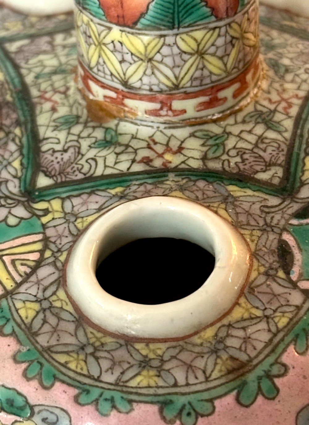 A Chinese polychrome porcelain tulip vase featuring multiple stem apertures, a central neck topped with a lotus bud, and hand-painted panels depicting birds and floral motifs. View IX