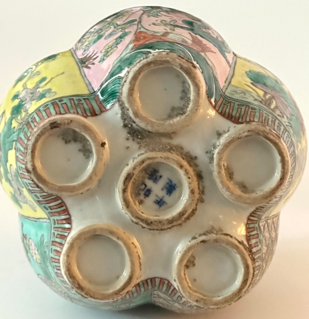 A Chinese polychrome porcelain tulip vase featuring multiple stem apertures, a central neck topped with a lotus bud, and hand-painted panels depicting birds and floral motifs. View X