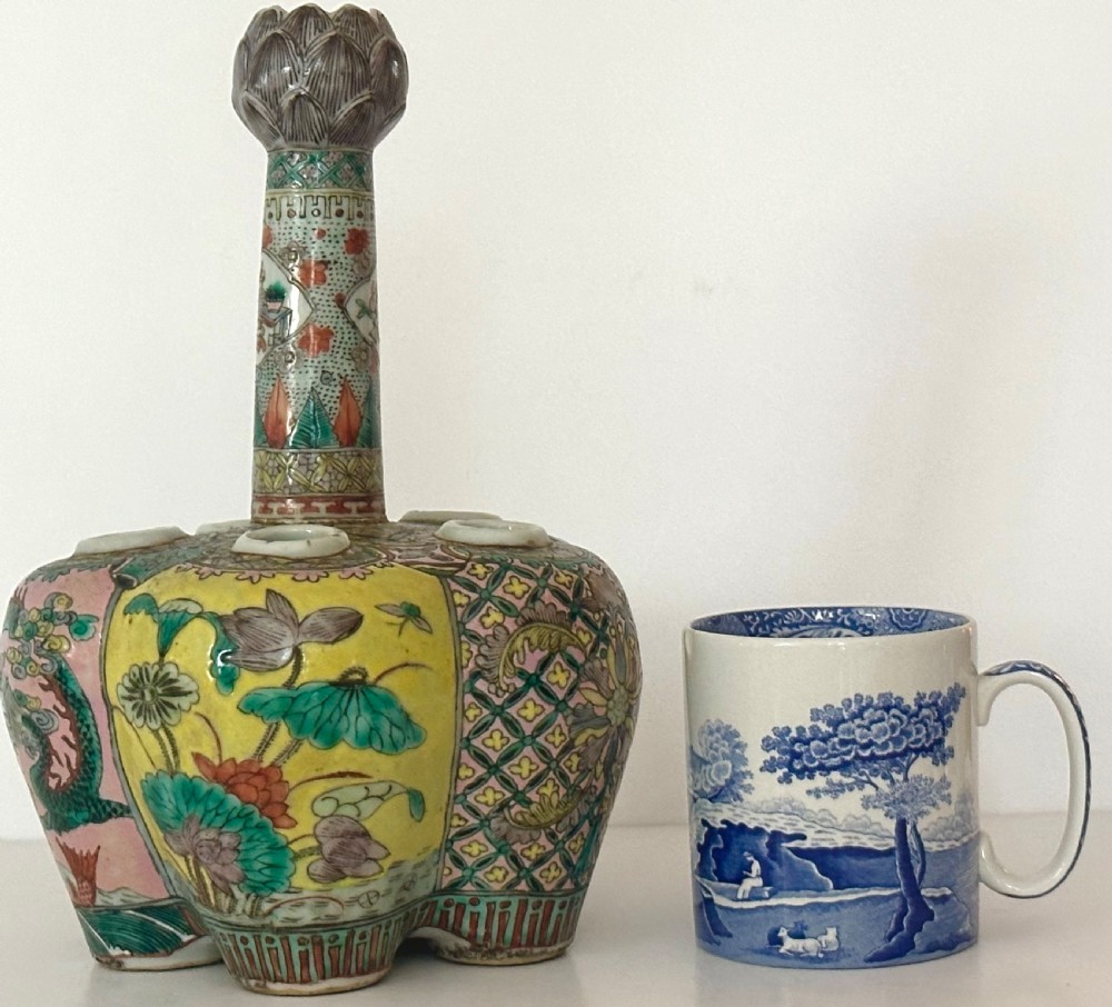 A Chinese polychrome porcelain tulip vase featuring multiple stem apertures, a central neck topped with a lotus bud, and hand-painted panels depicting birds and floral motifs. View XI