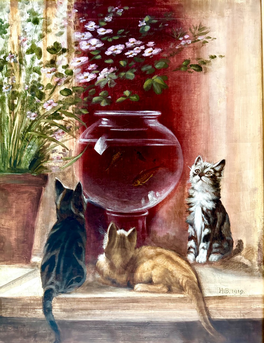 Oil on Canvas of Cats Watching a Goldfish Bowl dated 1919  View II