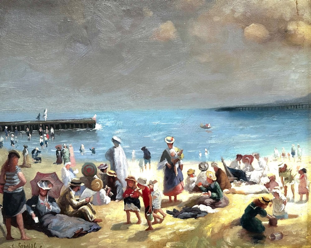 An impressionist oil painting depicting crowds of figures gathered on a sandy beach beside a blue sea, presented in an ornate gold gilt frame. View II