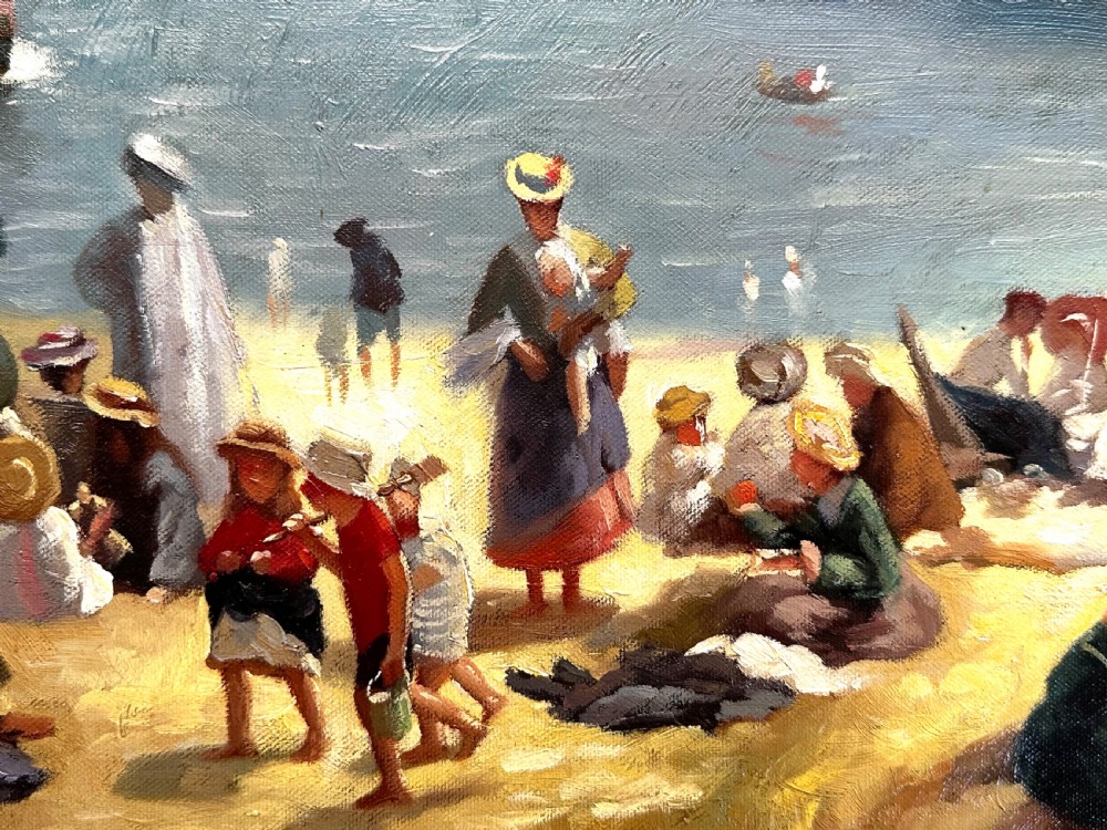 An impressionist oil painting depicting crowds of figures gathered on a sandy beach beside a blue sea, presented in an ornate gold gilt frame. View III