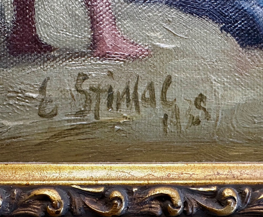 An impressionist oil painting depicting crowds of figures gathered on a sandy beach beside a blue sea, presented in an ornate gold gilt frame. View VI