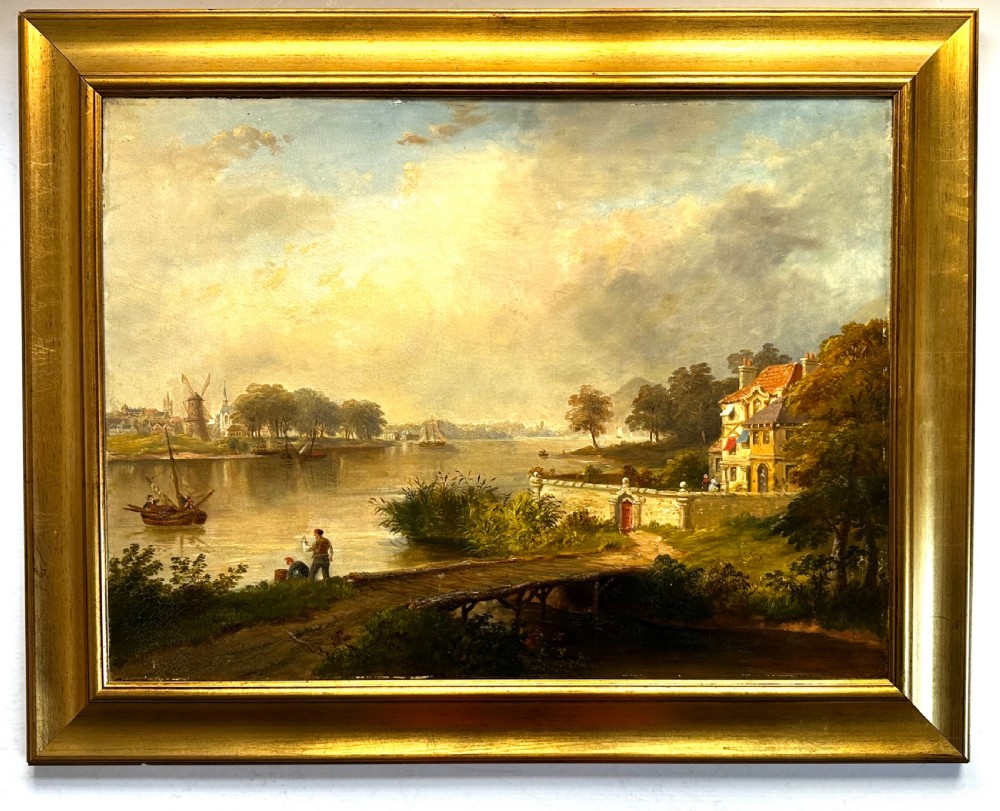 An oil painting on canvas depicting a river landscape with boats, figures on a bridge, and distant buildings, set in a gold frame.
