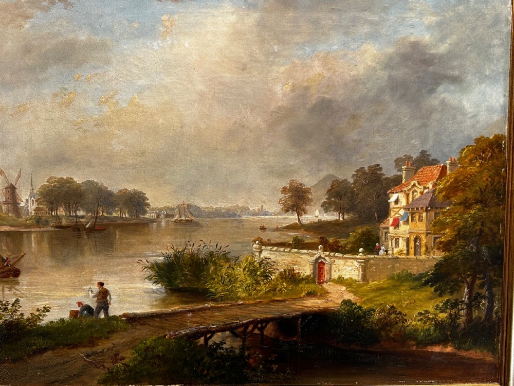 An oil painting on canvas depicting a river landscape with boats, figures on a bridge, and distant buildings, set in a gold frame. View II