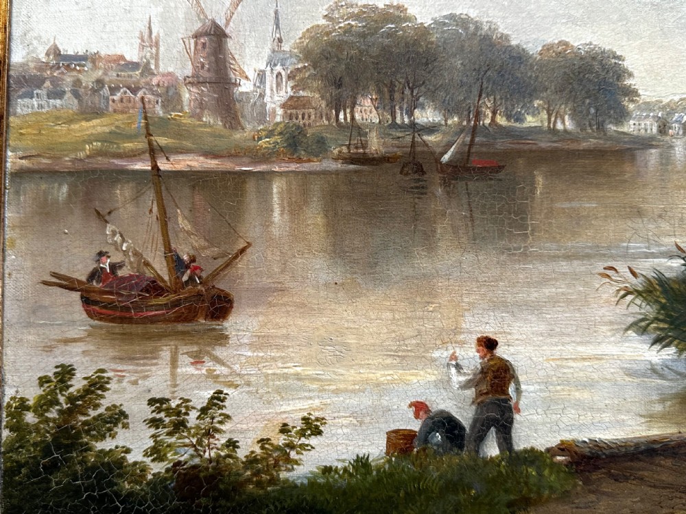 An oil painting on canvas depicting a river landscape with boats, figures on a bridge, and distant buildings, set in a gold frame. View III