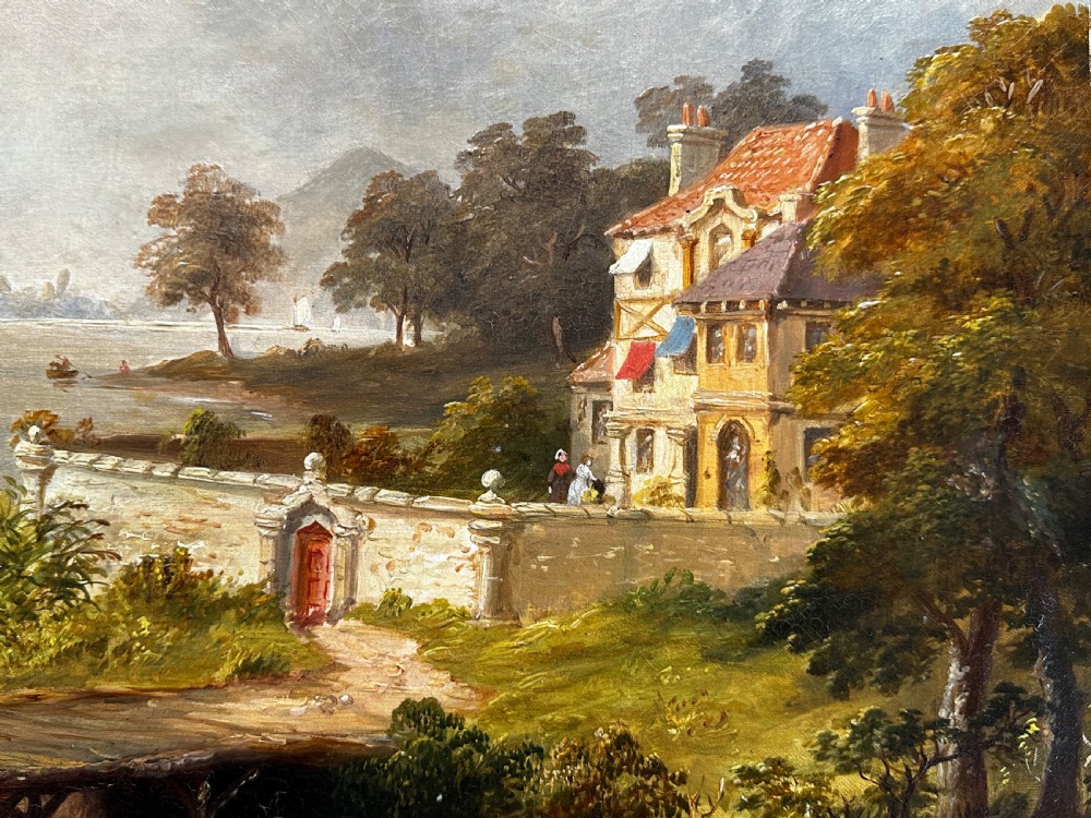 An oil painting on canvas depicting a river landscape with boats, figures on a bridge, and distant buildings, set in a gold frame. View IV