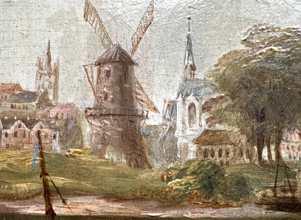 An oil painting on canvas depicting a river landscape with boats, figures on a bridge, and distant buildings, set in a gold frame. View VI