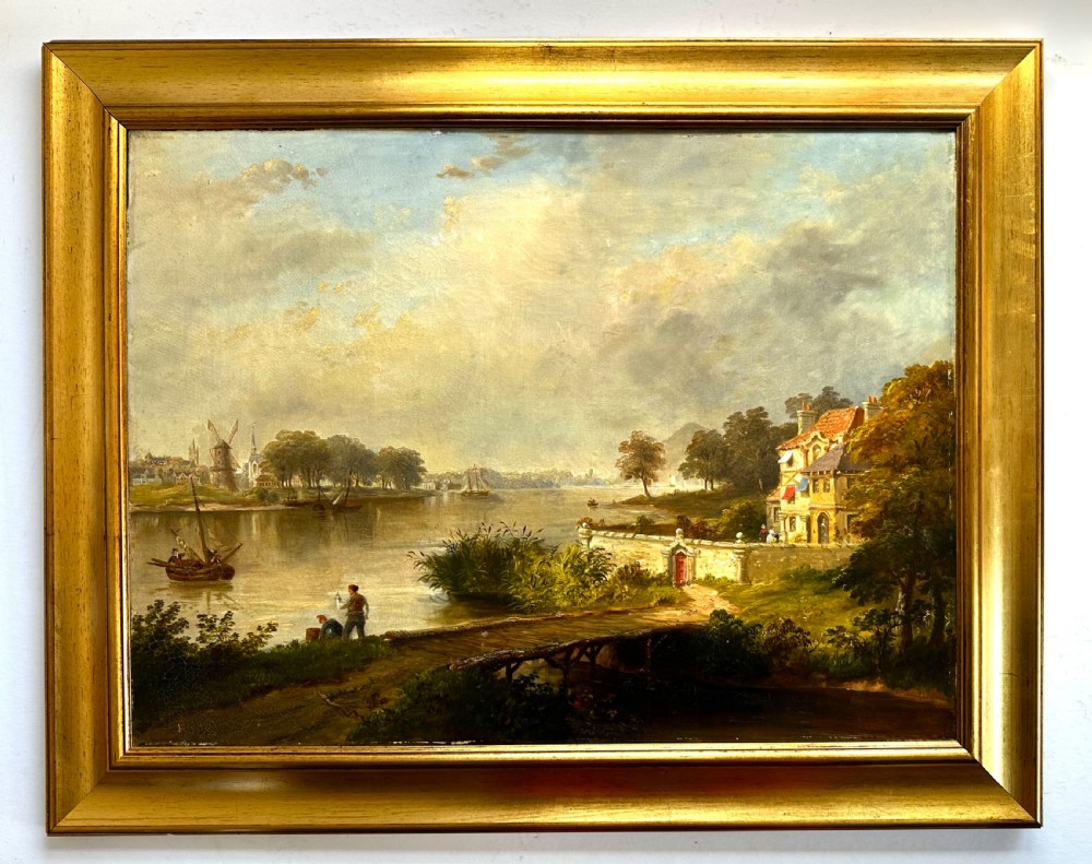 An oil painting on canvas depicting a river landscape with boats, figures on a bridge, and distant buildings, set in a gold frame. View VIII