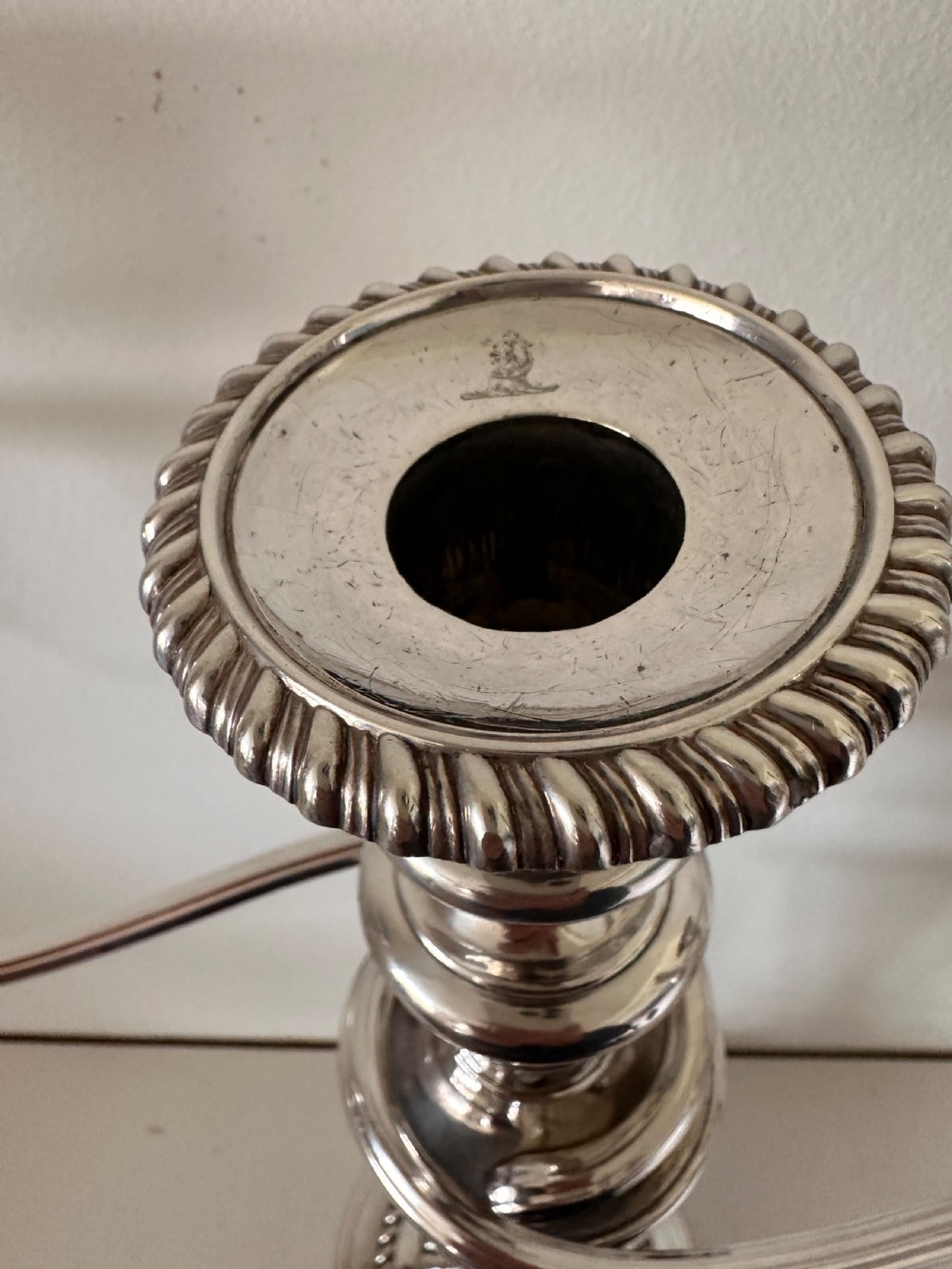 Pair of Regency Silver Candlesticks, Sheffield 1816, with matching silver plate 3-branch candelabra extensions. View VI
