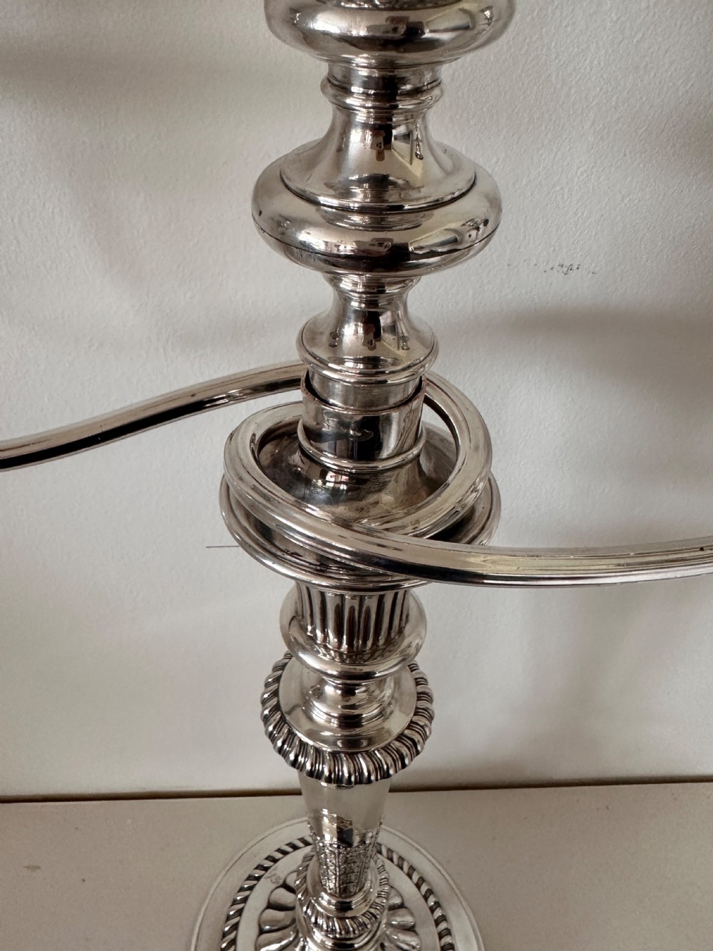 Pair of Regency Silver Candlesticks, Sheffield 1816, with matching silver plate 3-branch candelabra extensions. View VII