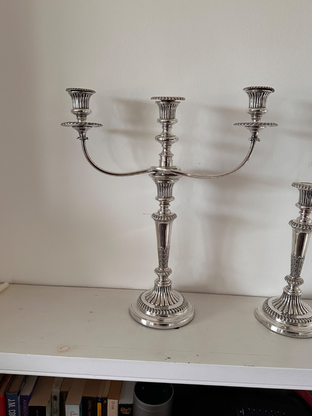 Pair of Regency Silver Candlesticks, Sheffield 1816, with matching silver plate 3-branch candelabra extensions. View VIII