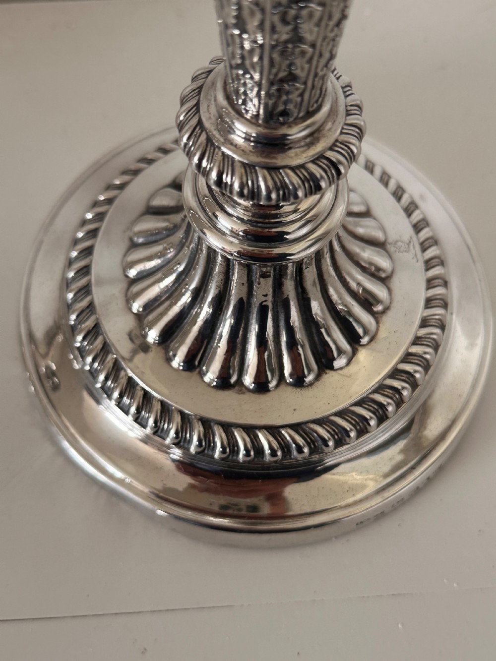 Pair of Regency Silver Candlesticks, Sheffield 1816, with matching silver plate 3-branch candelabra extensions. View X