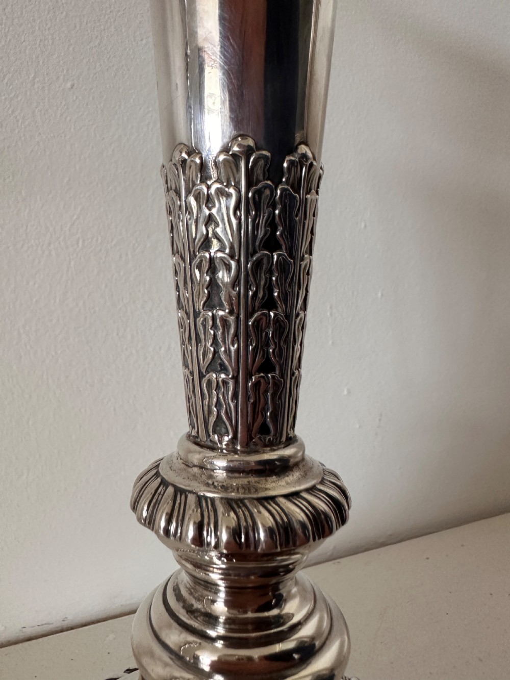Pair of Regency Silver Candlesticks, Sheffield 1816, with matching silver plate 3-branch candelabra extensions. View XI