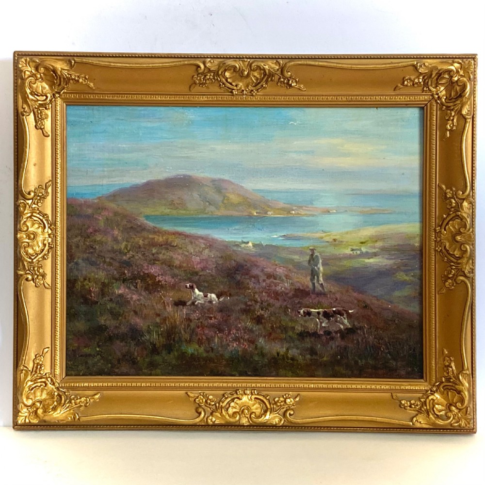 An antique oil painting on canvas depicting a hunter and gundogs in a heather moorland landscape, housed in an ornate gold gilt frame. View II