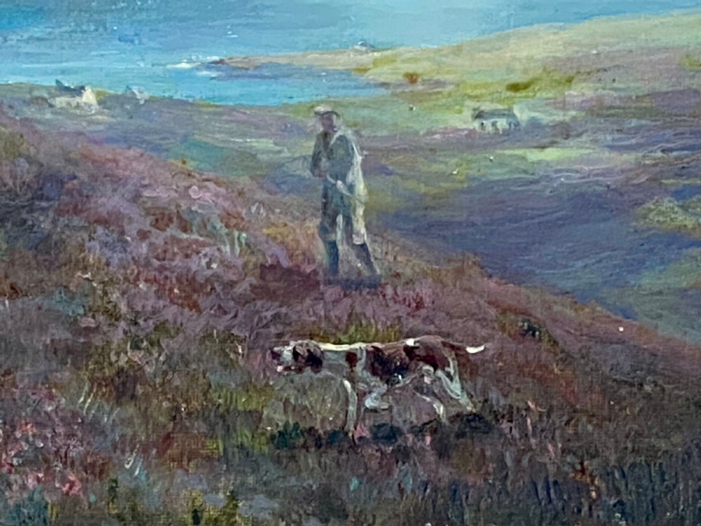 An antique oil painting on canvas depicting a hunter and gundogs in a heather moorland landscape, housed in an ornate gold gilt frame. View III