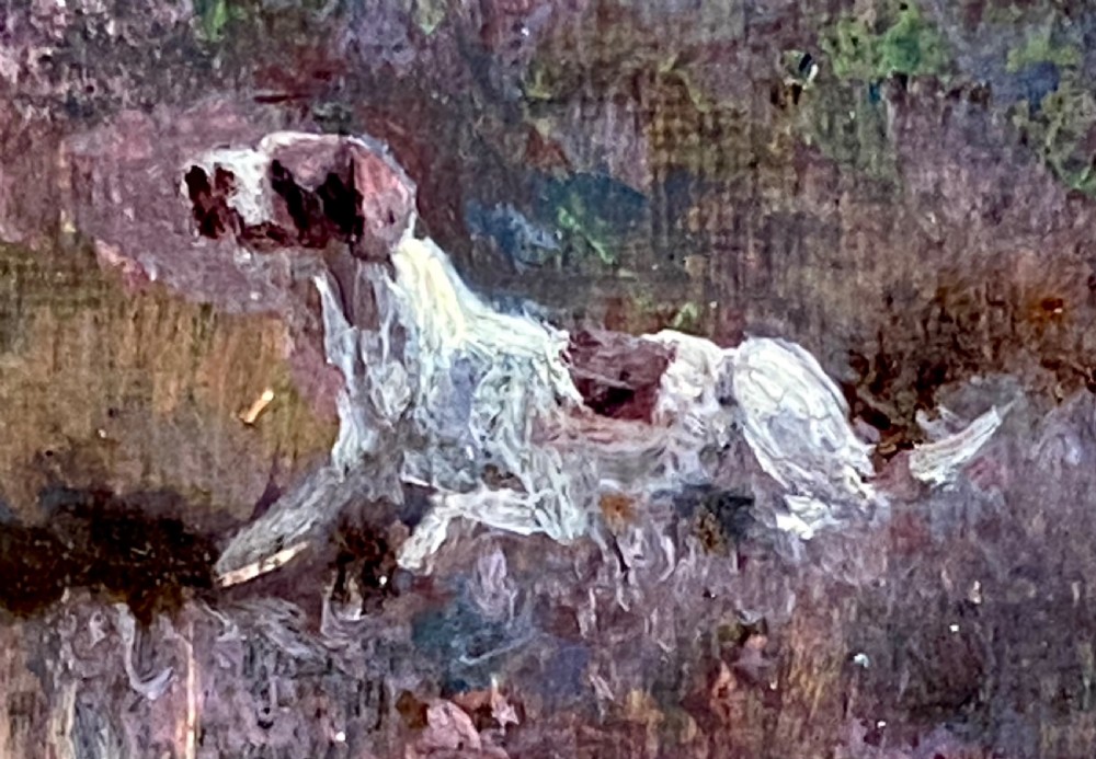 An antique oil painting on canvas depicting a hunter and gundogs in a heather moorland landscape, housed in an ornate gold gilt frame. View IV