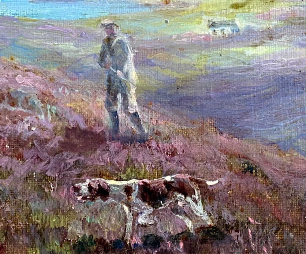 An antique oil painting on canvas depicting a hunter and gundogs in a heather moorland landscape, housed in an ornate gold gilt frame. View V