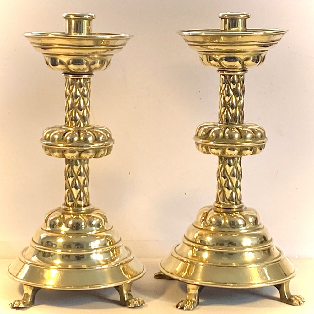 Brass Candlesticks in Gothic Revival Form