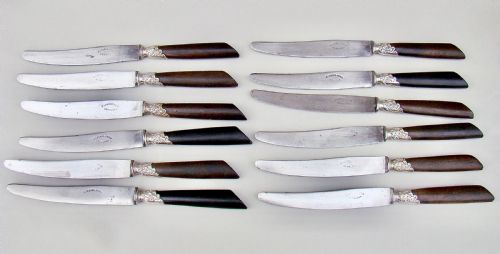 fig 2. SET OF TWELVE 19TH C. FRENCH TABLE KNIVES WITH EBONY HANDLES, SILVER PLATED FERRULES AND STEEL BLADES, CIRCA 1890